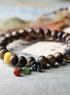 原创文莱沉香木手串国风蜜蜡三七银饰同款中式文玩好运佛珠