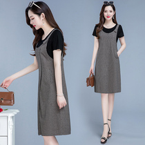 Fake two cuddling bags for women 2022 new 45 ten-year-old mom short sleeve casual plaid cotton linen dress