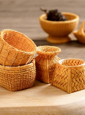 创意仿真藤编篮子竹编筐 diy装饰品配件迷你拍摄造景收纳框小摆件