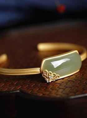 传承款平安无事牌和田玉手镯女925纯银古法金镯子开口宫廷手饰品