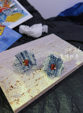 牛仔流苏 红蓝配色耳钉银针