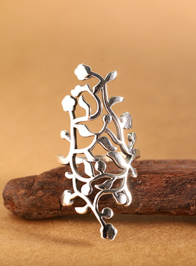 925纯银花草戒指泰银复古镂空开口指环食指戒个性送女友生日礼物