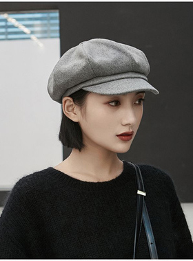 女士混纺报童八角黑灰卡其画家帽