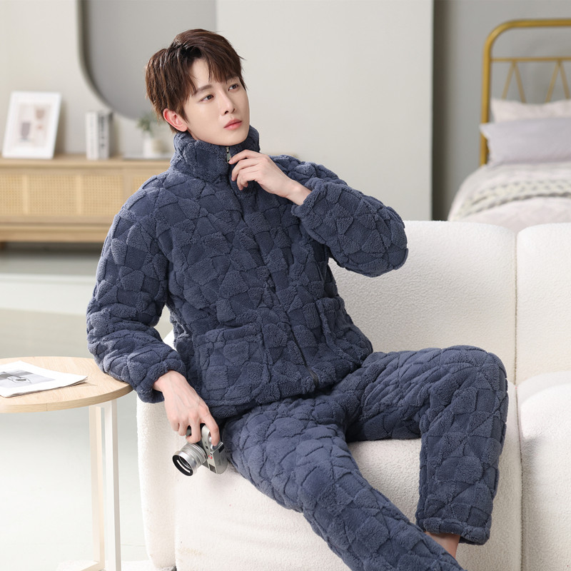 拉链男款提花绒三层夹棉加绒加厚冬季睡衣中青年家居服保暖套装,淘宝优惠券,粉丝福利购,淘宝优惠卷