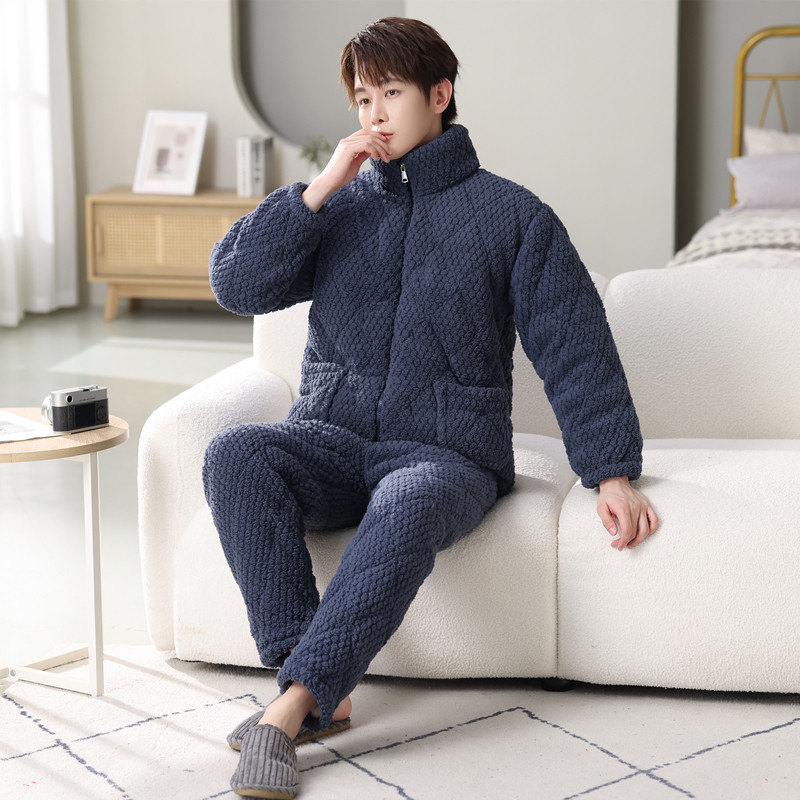 冬款男士拉链玫瑰绒三层加厚夹棉睡衣保暖冬中青年加绒家居服套装,淘宝优惠券,粉丝福利购,淘宝优惠卷