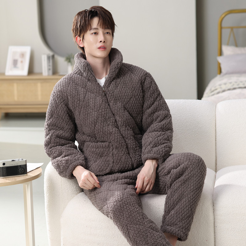 拉链男款提花绒三层夹棉加绒加厚冬季睡衣中青年家居服保暖套装,淘宝优惠券,粉丝福利购,淘宝优惠卷