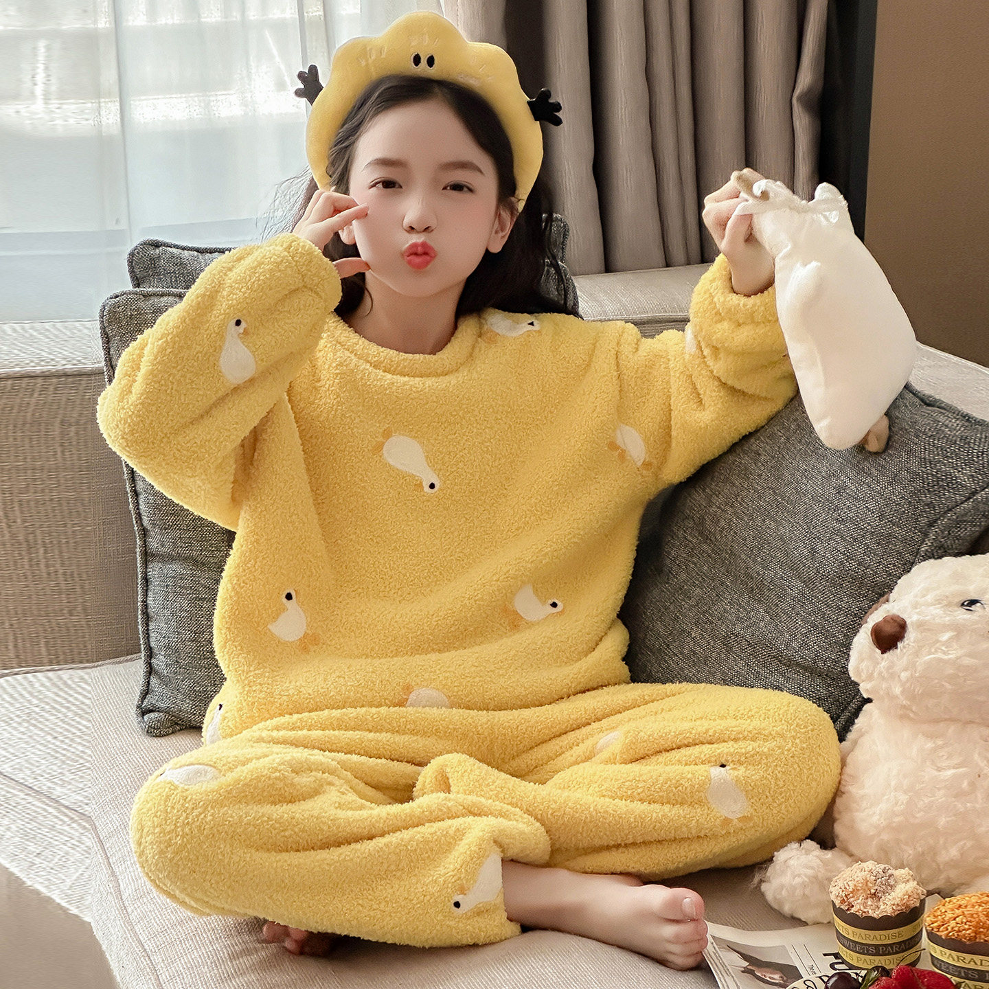 女童睡衣套装冬季新款儿童家居服女孩双面绒保暖两件套休闲童装,淘宝优惠券,粉丝福利购,淘宝优惠卷