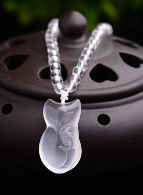 白水晶雕刻狐狸挂坠 创意动物造型抛光工艺品白水晶锁骨吊坠