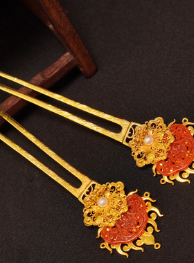 芳菲雪手工汉服婚嫁长流苏发冠额冠发钗战国风古风红色发饰套装
