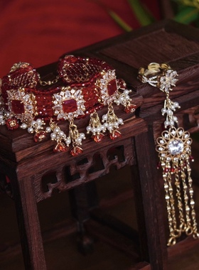 芳菲雪手工汉服异域风戒指手镯一体新娘结婚红色水晶珠锆石首饰