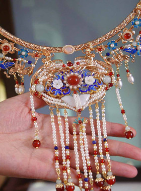 芳菲雪原创手工汉服明制长流苏璎珞珍珠玛瑙多宝复古仿烧蓝项圈饰