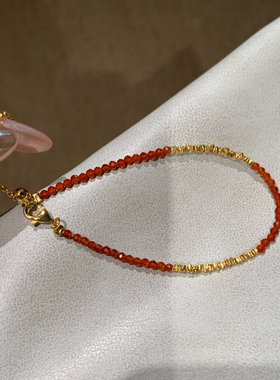 天然红石榴石刻面小米珠手串端午小红绳鸽血红搭925银镀18k碎银女