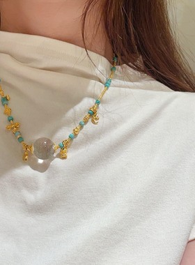 高瓷绿松石项链白水晶牛鼻孔单株大颗粒颈链古法金原创锁骨链女款