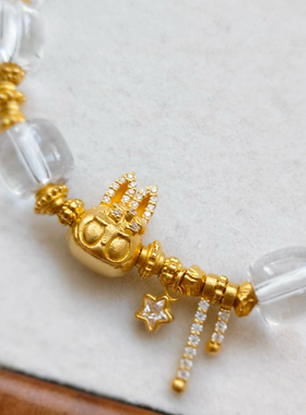 天然10A白水晶老型珠手串古法金拉布布单圈手链原创设计纯银女款