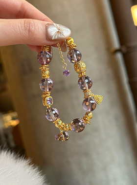 天然切面巴西紫水晶圆珠手串古法金葫芦吊坠手链高级感手串气质女