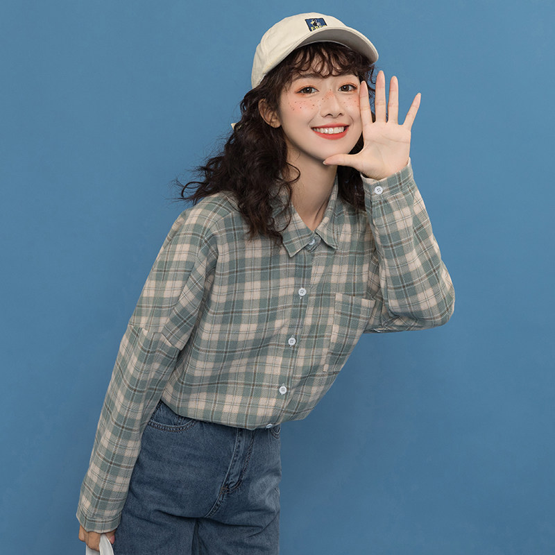 polo领格纹宽松长袖2020初秋季衬衫 skgirl衬衫