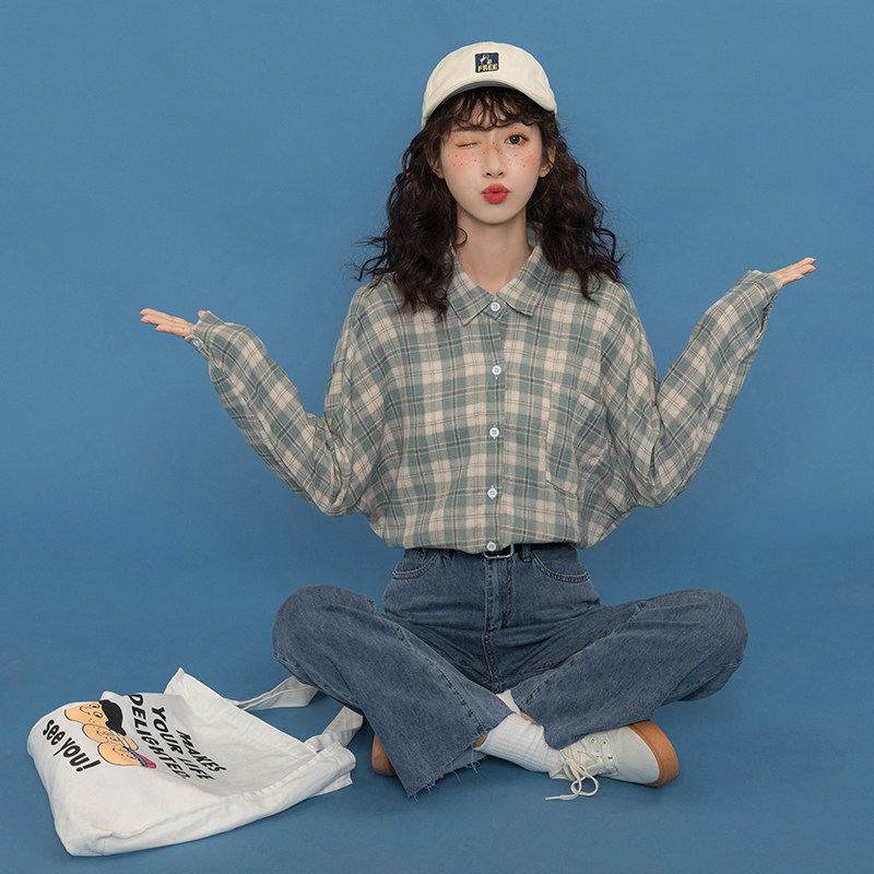 polo领格纹宽松长袖2020初秋季衬衫 skgirl衬衫