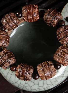 越南沉香木雕刻手串皮黑木民族风佛头关公莲花男女士佛珠文玩核桃