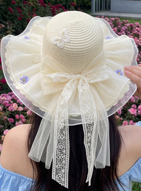 蕾丝飘带蝴蝶结草帽女夏季法式