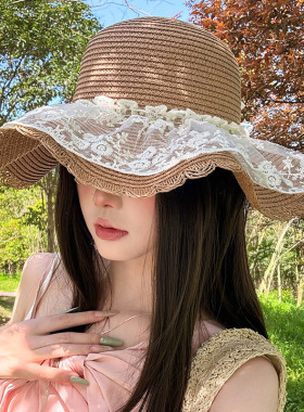 森系田园风蕾丝蝴蝶结草帽女夏季