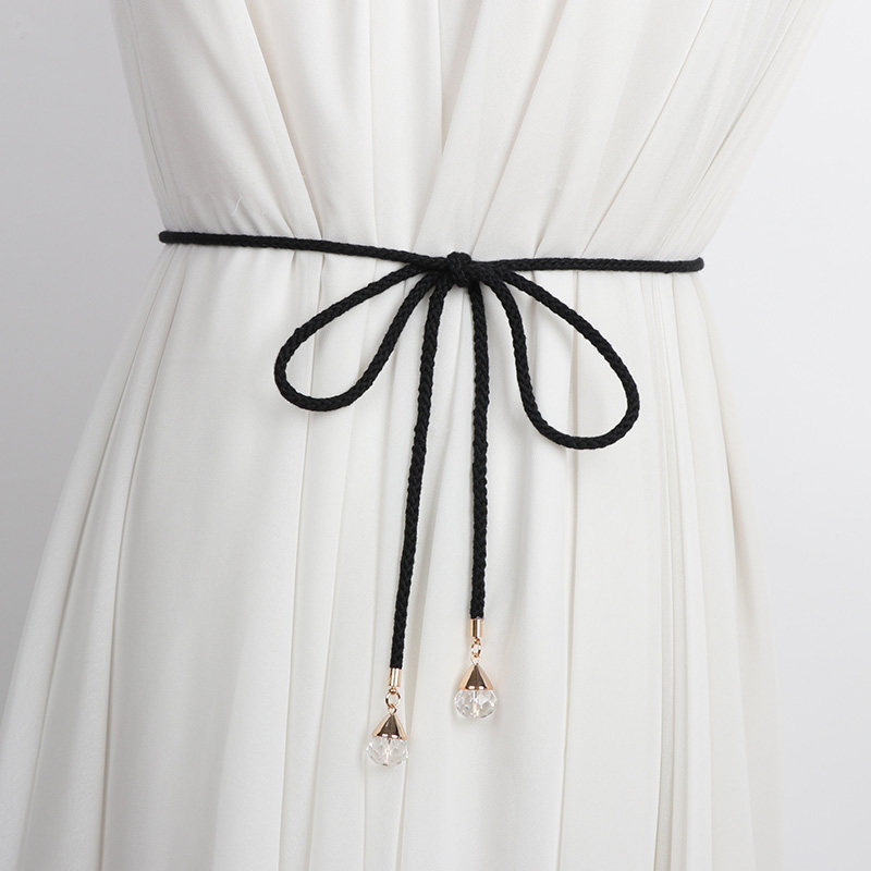 装饰腰带女棉线编织配连衣裙子毛衣甜美水晶蝴蝶结棉绳腰绳小皮带 - 图0