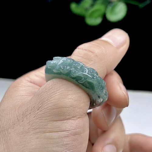 22mm天然A货翡翠龙戒扳指 蓝水绿玉龙指环男 盘龙玉石 龙腾玉戒指 - 图1