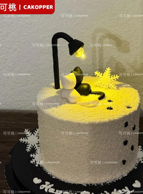 ins网红创意路灯小猫套装黑色气球搭配情侣七夕生日蛋糕装饰摆件