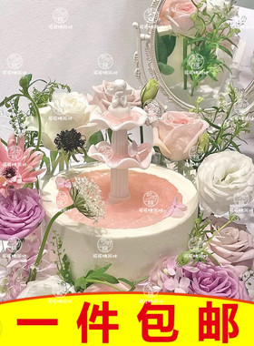 网红许愿池喷泉小天使蛋糕装饰摆件复古法式水柱甜品烘焙插件配件