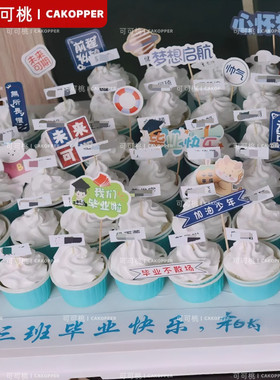 蓝色帆船甜品台毛笔状元帽插件组合样式毕业季推推乐蛋糕烘焙装饰