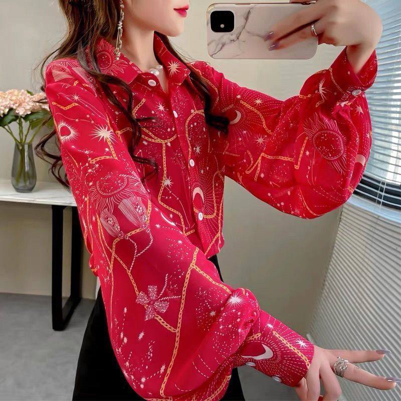 洋气翻领女士衬衫2023年春秋新款宽松灯笼袖衬衣女印花雪纺上衣女,淘宝优惠券,粉丝福利购,淘宝优惠卷