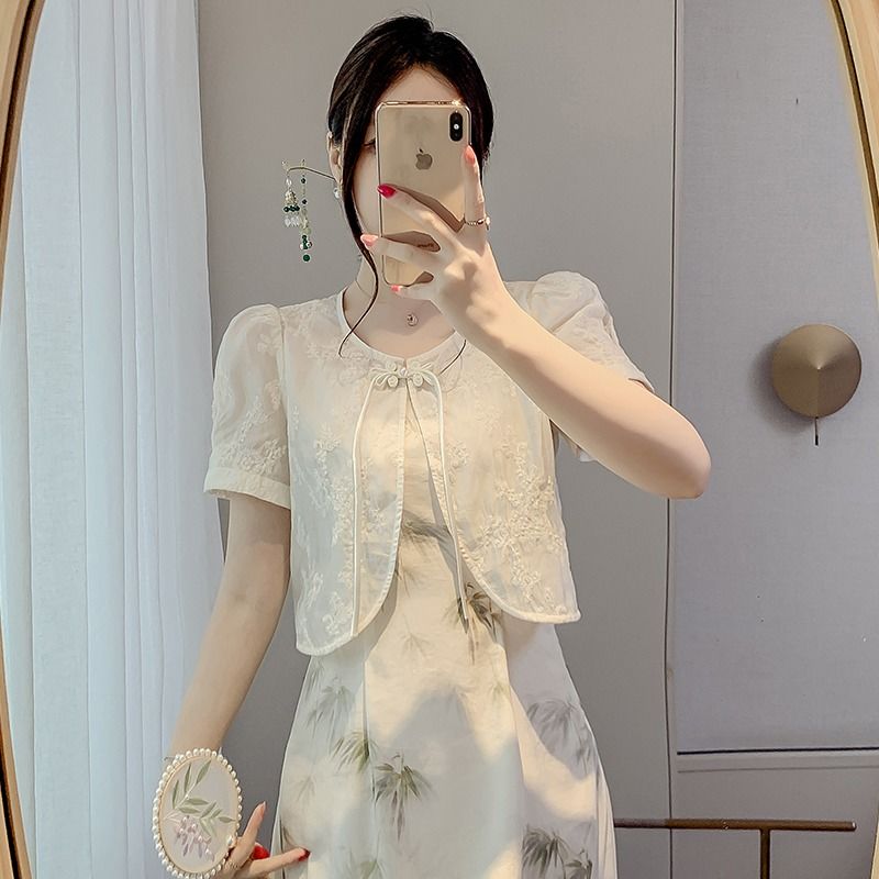 新中式国风蕾丝防晒衬衫女夏季薄款吊带裙外搭小披肩开衫气质上衣 - 图2
