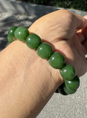 俄碧老坑料和田玉碧玉手串12mm老型珠满绿辣绿轻微红皮矿点手链