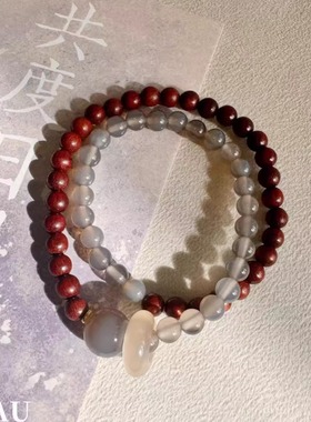 【红尘游】天然紫檀木灰玛瑙国风手链新中式双圈菩提文玩手串送礼