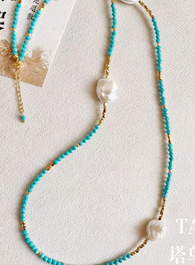 流金岁月 | 新中式蓝松石孔雀蓝巴洛克珍珠手作高级感复古项链女