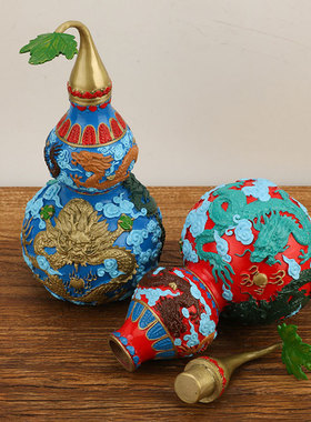 黄铜葫芦摆件彩绘五龙铜葫芦开盖葫芦家居铜器工艺品摆件批发