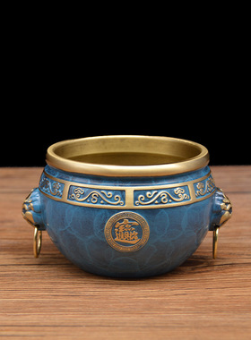 宏达 黄铜压铸烤色铜缸 狮头聚宝盆 家居玄关铜器摆件