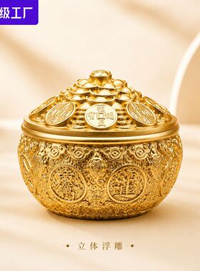 爆款带盖聚宝盆摆件黄铜金蟾元宝聚财缸铜工艺品摆件桌面装饰摆件