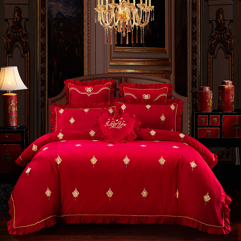 雅鹿家纺新品四件套结婚全棉大红纯棉刺绣婚庆床品新娘婚房陪嫁妆,淘宝优惠券,粉丝福利购,淘宝优惠卷