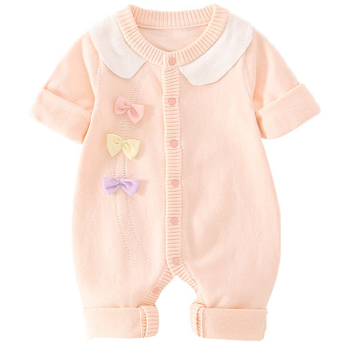 婴儿衣服粉色公主连体衣秋冬满月女宝宝毛衣纯棉百天套装针织哈衣 - 图3