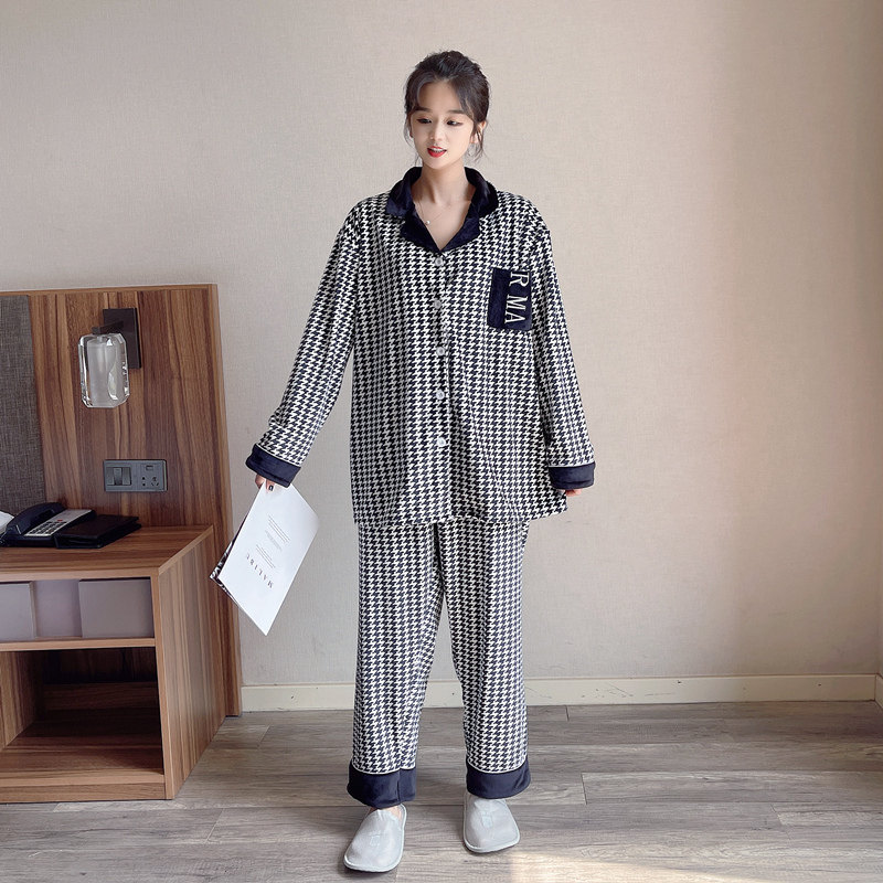 秋冬千鸟格大码天鹅绒情侣睡衣女长袖韩版200斤男士家居服两件套,淘宝优惠券,粉丝福利购,淘宝优惠卷