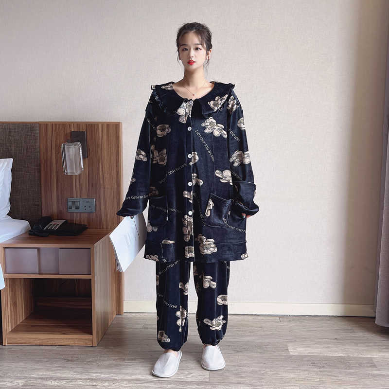 卡通月子服秋冬珊瑚绒加大码200斤产后孕妇睡衣女哺乳家居服套装