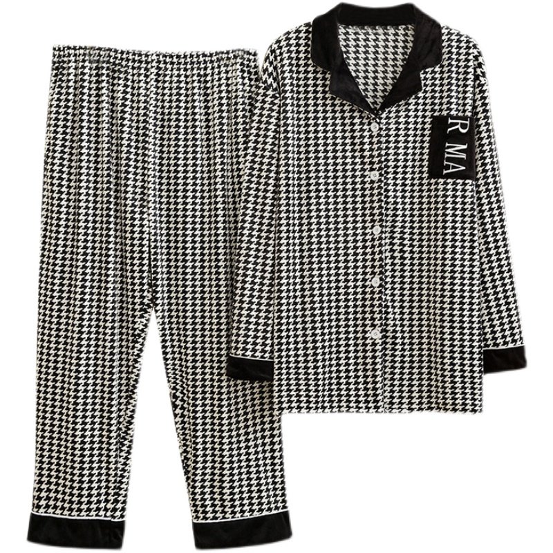 秋冬千鸟格大码天鹅绒情侣睡衣女长袖韩版200斤男士家居服两件套,淘宝优惠券,粉丝福利购,淘宝优惠卷