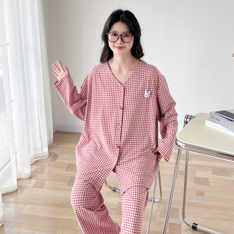 卡通V领开衫格子加肥大码睡衣女胖mm200斤春秋长袖长裤家居服套装,淘宝优惠券,粉丝福利购,淘宝优惠卷