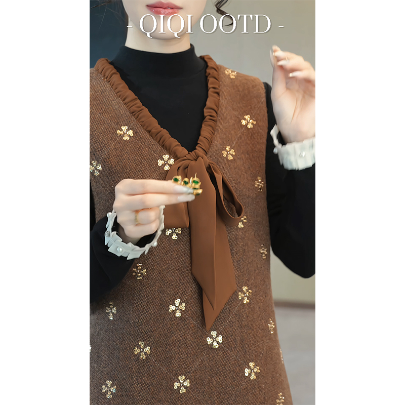 柒院家大码女系带V领咖色羊毛背心连衣裙2025秋冬宽松显瘦中长裙 - 图0