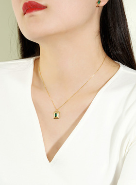 绿色锆石吊坠925纯银项链女锁骨链ins风小众高级轻奢首饰配饰