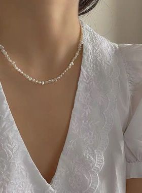 手作天然巴洛克珍珠锁骨链14K包金小米粒复古短颈项链女时尚达人