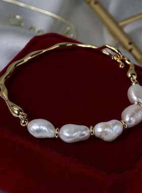 工厂批发巴洛克天然淡水珍珠手链简约优雅金属14k注金时尚手镯