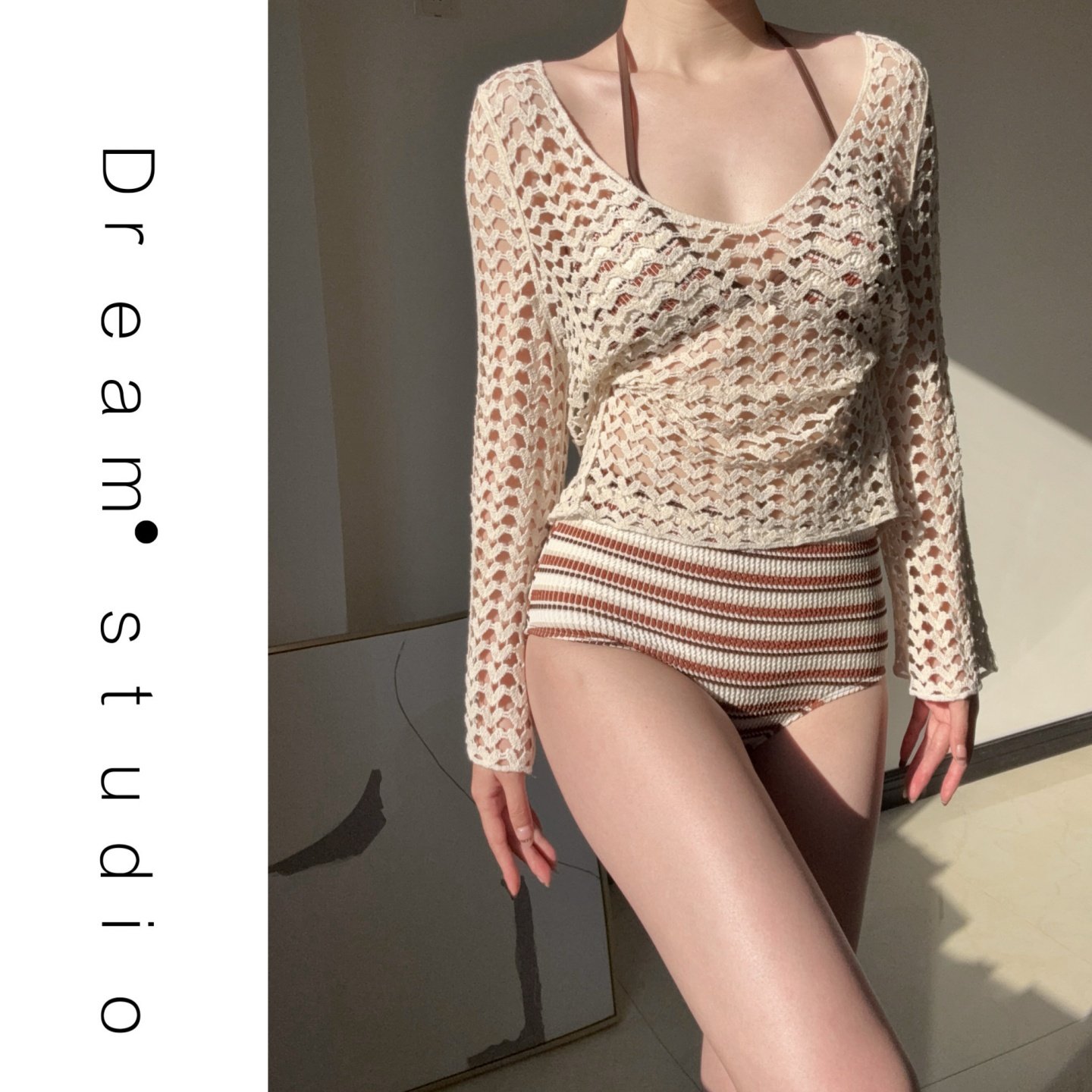 蜜Dream泳衣女慵懒条纹比基尼三件套针织镂空罩衫分体露肩显瘦装,淘宝优惠券,粉丝福利购,淘宝优惠卷