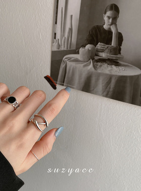 925纯银复古泰银戒指女简约小众设计交叉黑玛瑙食指戒时尚个性潮