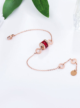 钛钢欧美罗马文字手链女新年红锆石玫瑰金绿色手环情侣手饰品
